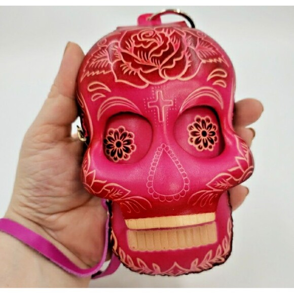 Sugar Skull Leather Wristlet Wallet Hot Pink Day of the Dead Coin Purse Keychain - Picture 2 of 15